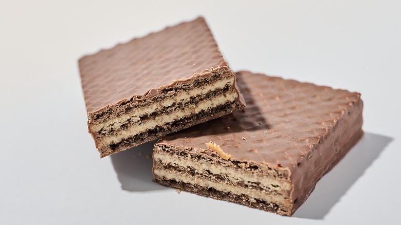 Protein bar cut in half on a table